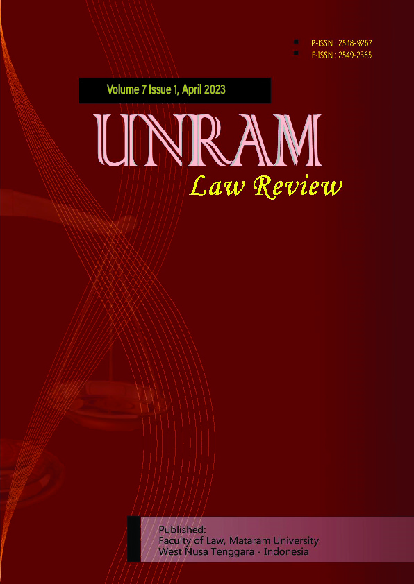 					View Vol. 7 No. 1 (2023): Unram Law Review(ULREV)
				
